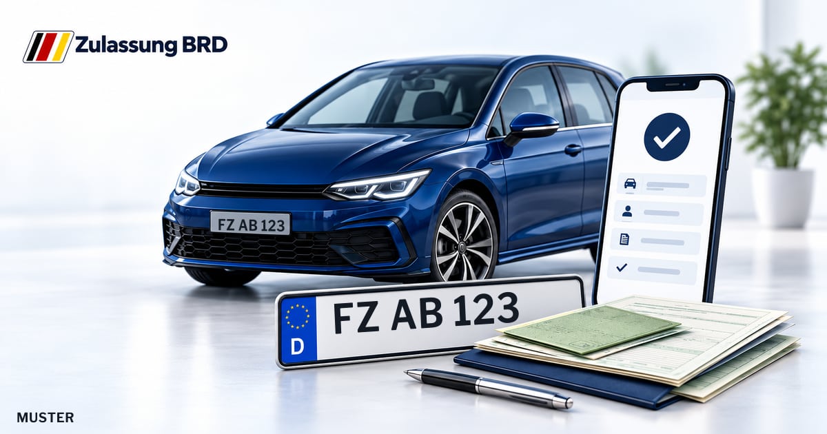 Online Fahrzeugzulassung in Fritzlar: Musterkennzeichen FZ AB 123, Auto und Fahrzeugpapiere und Smartphone. Illustration mit Logo von Zulassung BRD.